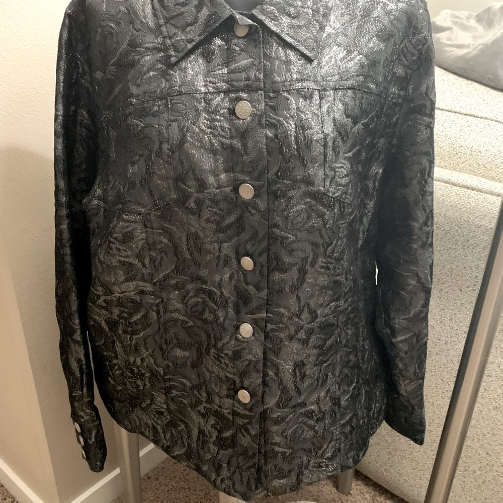 Laura Ashley Metallic Brocade Jacket L Pewter NWOT Career Classy Button Up